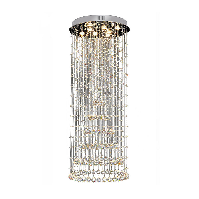 Cylinder Flush Mount Lighting Minimalist Crystal Ball 8 Lights Nickel Close to Ceiling Lamp