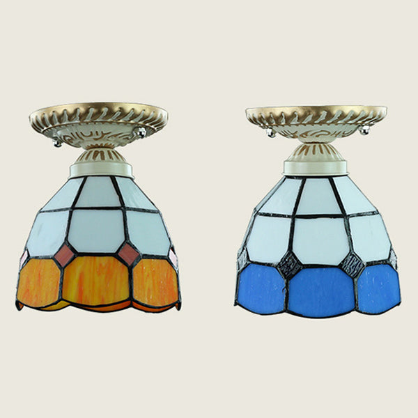 Dome Shape Ceiling Light Fixture Vintage Stained Glass 1 Light Ceiling Fixture in Orange/Blue for Hallway