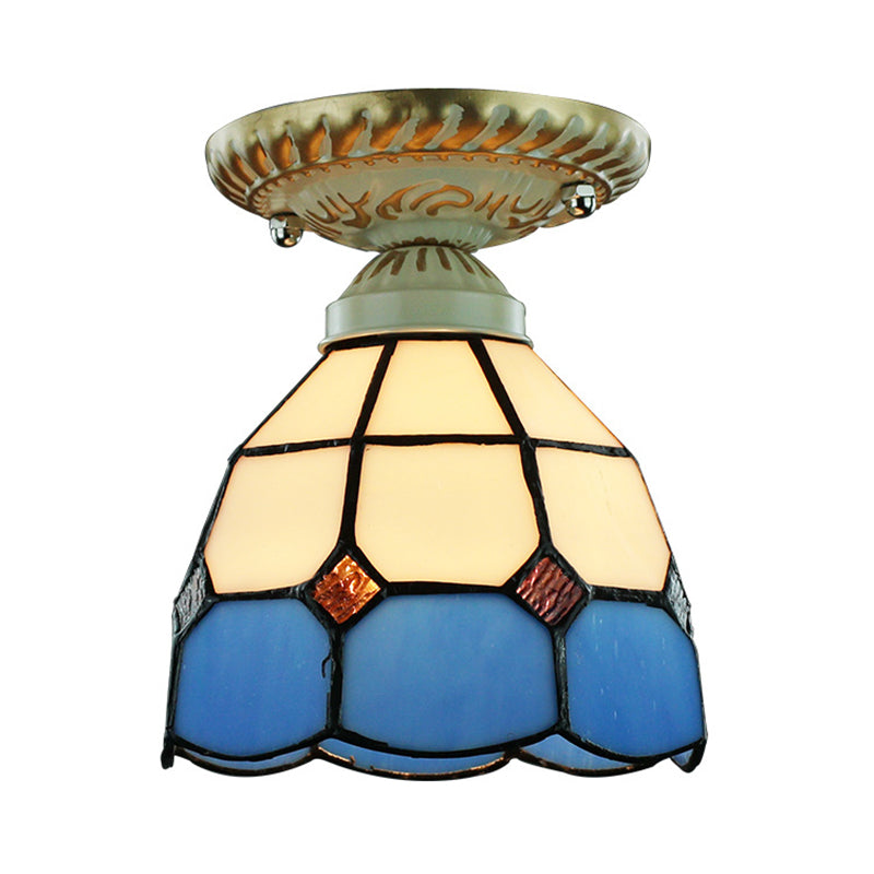 Dome Shape Ceiling Light Fixture Vintage Stained Glass 1 Light Ceiling Fixture in Orange/Blue for Hallway