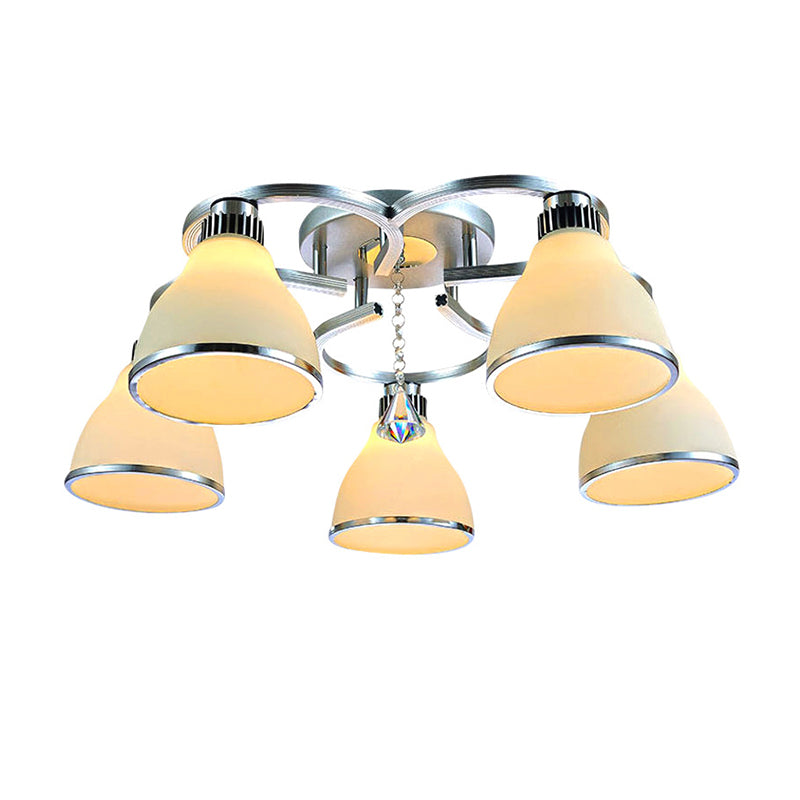 Cone Semi Flush Modern Crystal 5 Lights Living Room Semi Flush Ceiling Light in Chrome with Opal Glass Shade