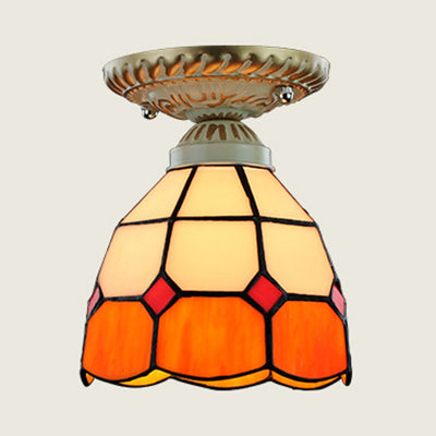 Dome Shape Ceiling Light Fixture Vintage Stained Glass 1 Light Ceiling Fixture in Orange/Blue for Hallway
