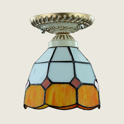 Dome Shape Ceiling Light Fixture Vintage Stained Glass 1 Light Ceiling Fixture in Orange/Blue for Hallway