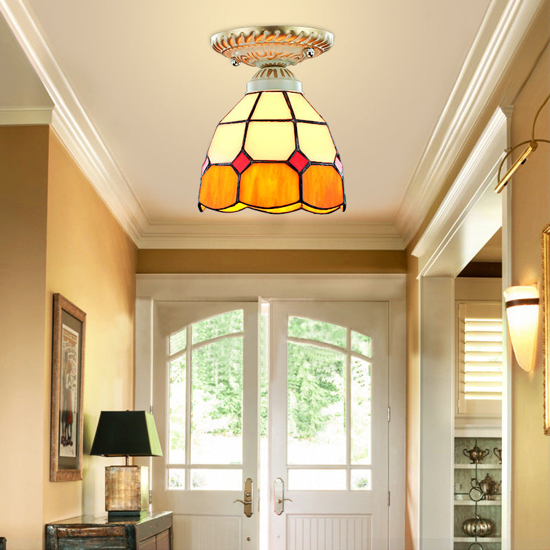 Plafonnier en forme de dôme, vitrail Vintage, 1 lumière, orange/bleu, pour couloir