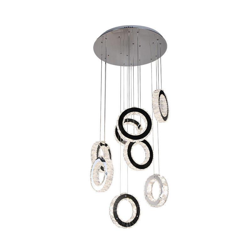 Ring Crystal Cluster Pendant Minimalist LED Black Down Lighting for Living Room