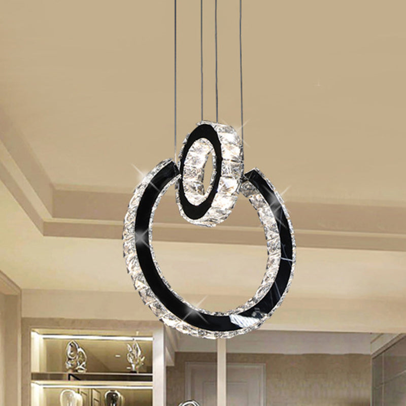 Minimalist Ring Crystal Chandelier Lighting Fixture LED Hanging Ceiling Light in Black