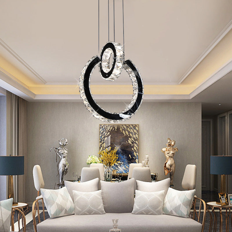Minimalist Ring Crystal Chandelier Lighting Fixture LED Hanging Ceiling Light in Black