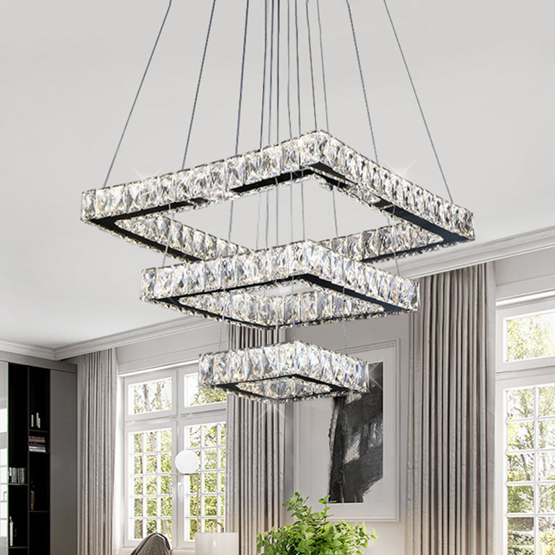 Square Ceiling Chandelier Minimalist Crystal LED Black Pendant Lighting Fixture