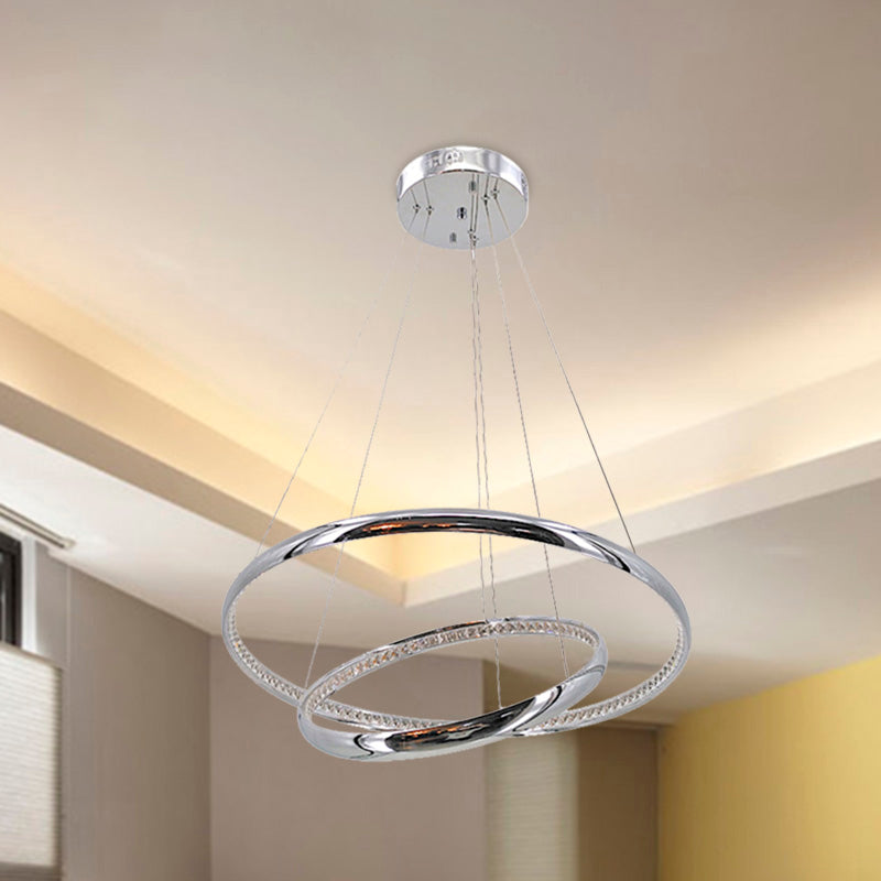 Minimalist Ring Chandelier Lighting Fixture Crystal LED Living Room Pendant Lamp in Chrome, Warm/White Light