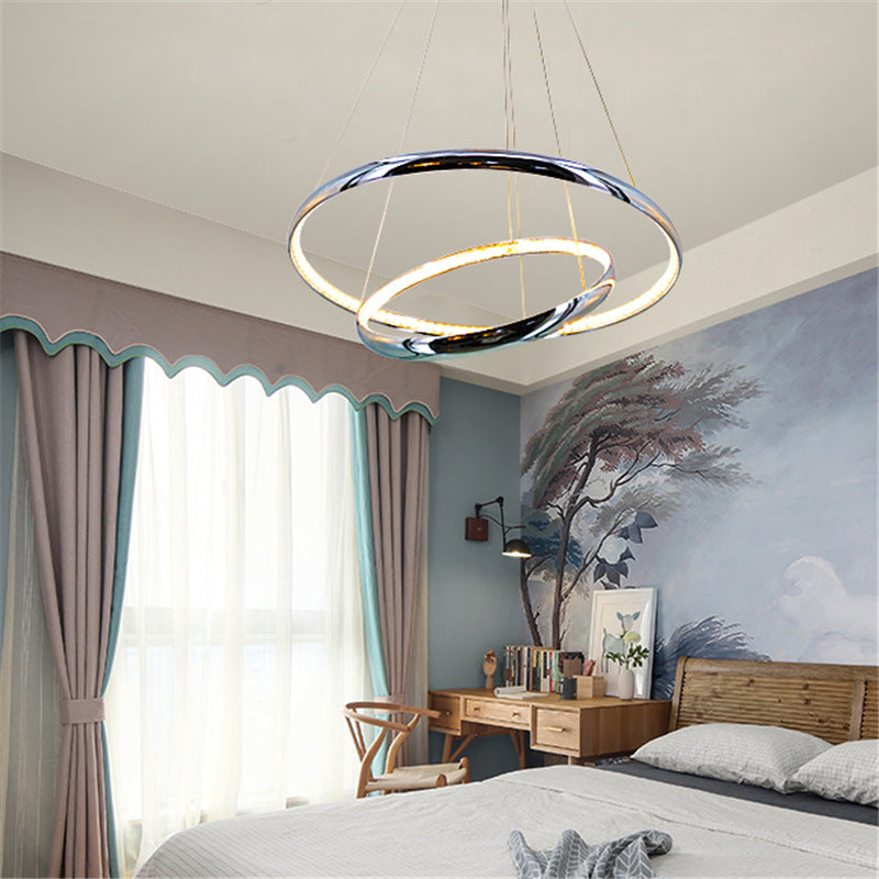 Minimalist Ring Chandelier Lighting Fixture Crystal LED Living Room Pendant Lamp in Chrome, Warm/White Light