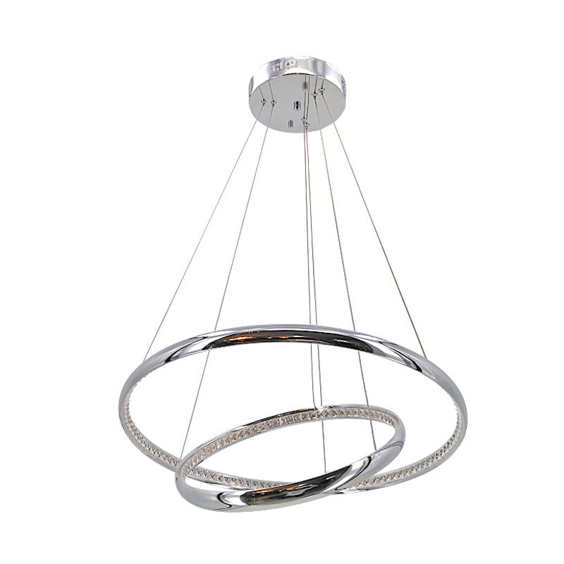 Minimalist Ring Chandelier Lighting Fixture Crystal LED Living Room Pendant Lamp in Chrome, Warm/White Light