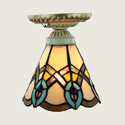 Plafonnier coloré de style Tiffany, vitrail, 1 ampoule, plafonnier encastré avec motif tournesol/queue de paon/lys