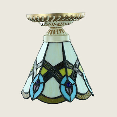 Plafonnier coloré de style Tiffany, vitrail, 1 ampoule, plafonnier encastré avec motif tournesol/queue de paon/lys