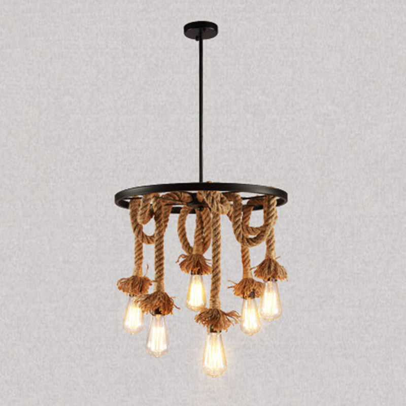 Multi-Lights Hemp Rope Design Retro Chandelier Light Black Wrought Iron Wheels Industrial Style Lighting Fixture in Restaurant Bar
