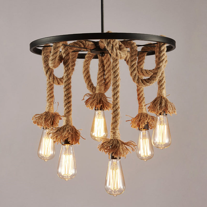 Multi-Lights Hemp Rope Design Retro Chandelier Light Black Wrought Iron Wheels Industrial Style Lighting Fixture in Restaurant Bar