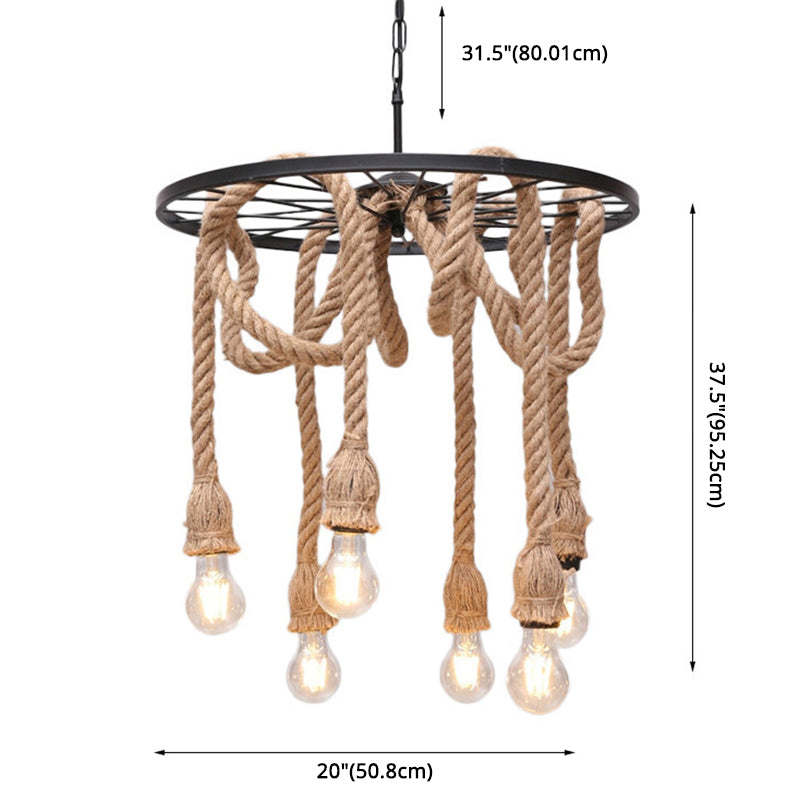 Multi-Lights Hemp Rope Design Retro Chandelier Light Black Wrought Iron Wheels Industrial Style Lighting Fixture in Restaurant Bar
