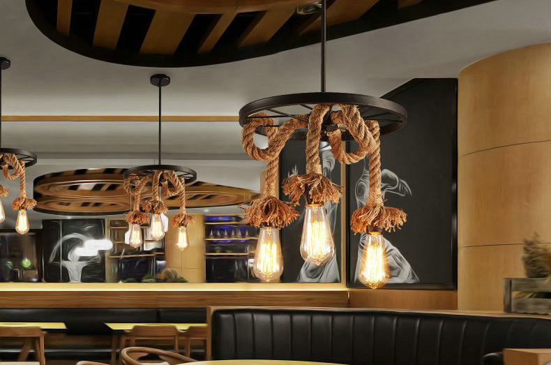 Multi-Lights Hemp Rope Design Retro Chandelier Light Black Wrought Iron Wheels Industrial Style Lighting Fixture in Restaurant Bar