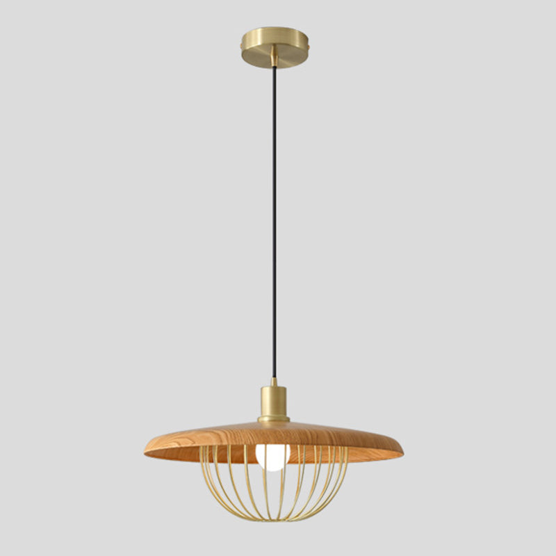 Simplicidad de madera de 1 luces Luz colgante con tono de jaula de hierro dorado de estilo de dormitorio de estilo moderno