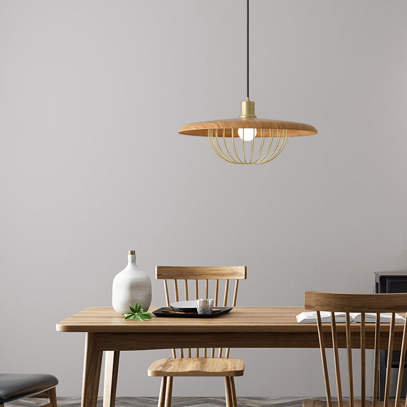 1-licht houten eenvoud hangend licht met gouden ijzeren kooi schaduw moderne stijl slaapkamer verlichting armatuur