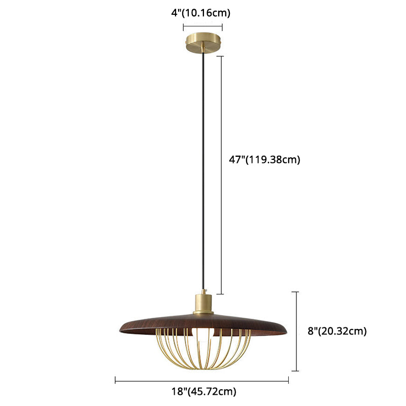1-Light Wooden Simplicity Hanging Light with Gold Iron Cage Shade Modern Style Bedroom Lighting Fixture