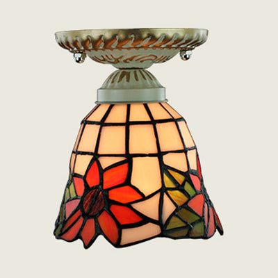 Plafonnier coloré de style Tiffany, vitrail, 1 ampoule, plafonnier encastré avec motif tournesol/queue de paon/lys