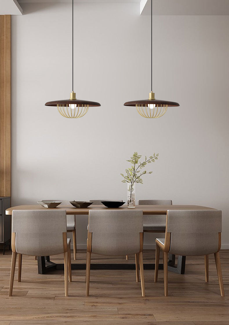 1-licht houten eenvoud hangend licht met gouden ijzeren kooi schaduw moderne stijl slaapkamer verlichting armatuur