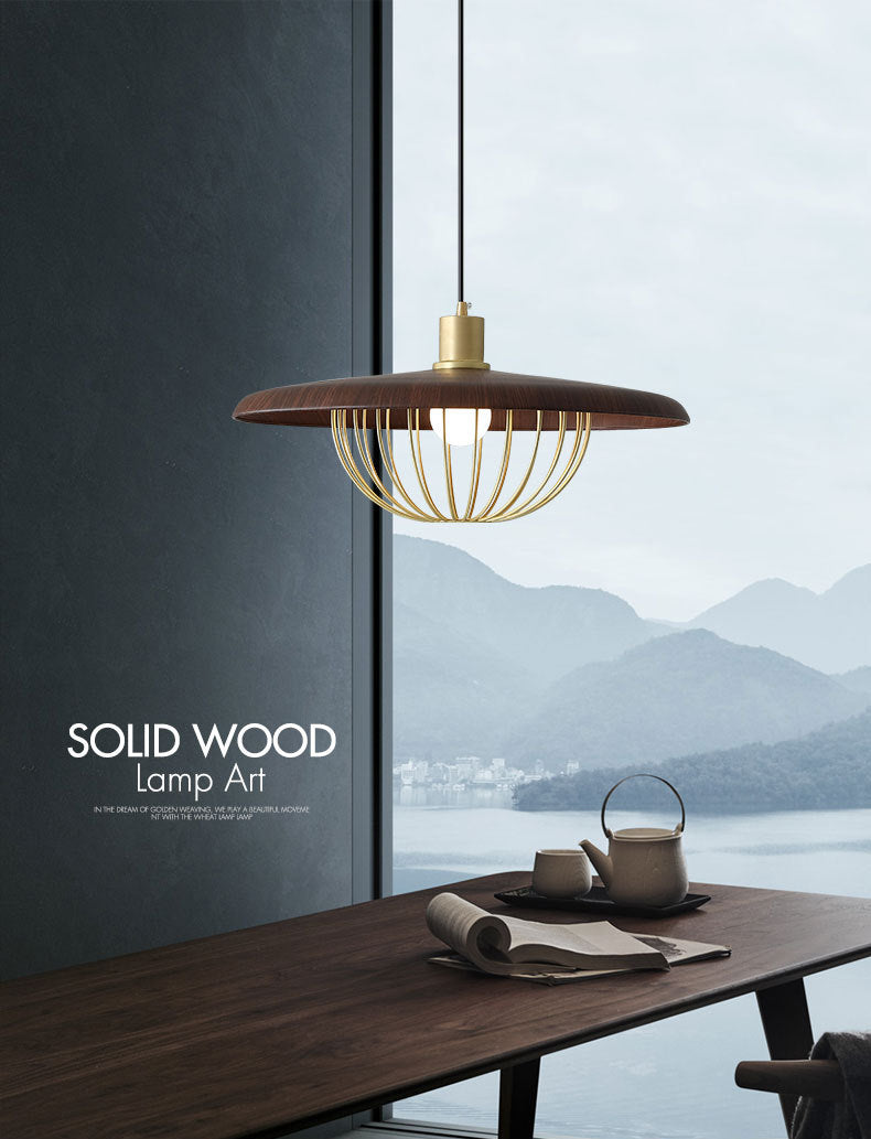 1-licht houten eenvoud hangend licht met gouden ijzeren kooi schaduw moderne stijl slaapkamer verlichting armatuur