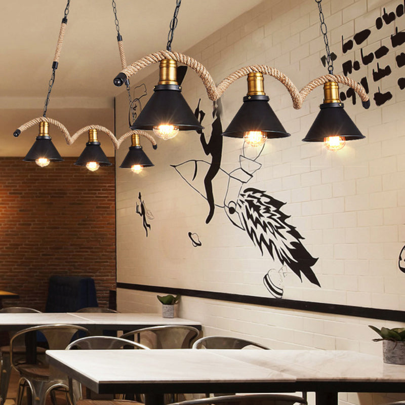 3-Light Retro Hemp Rope Island Light Black Cone Metal Shade Industrial Style Pendant for Restaurant Bar