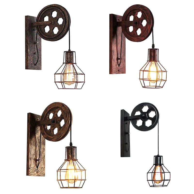Vintage Industrial Pulley Plug-In Wall Sconce Lights Metallic Wall Sconce Lighting for Restaurant