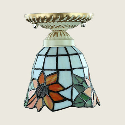 Plafonnier coloré de style Tiffany, vitrail, 1 ampoule, plafonnier encastré avec motif tournesol/queue de paon/lys