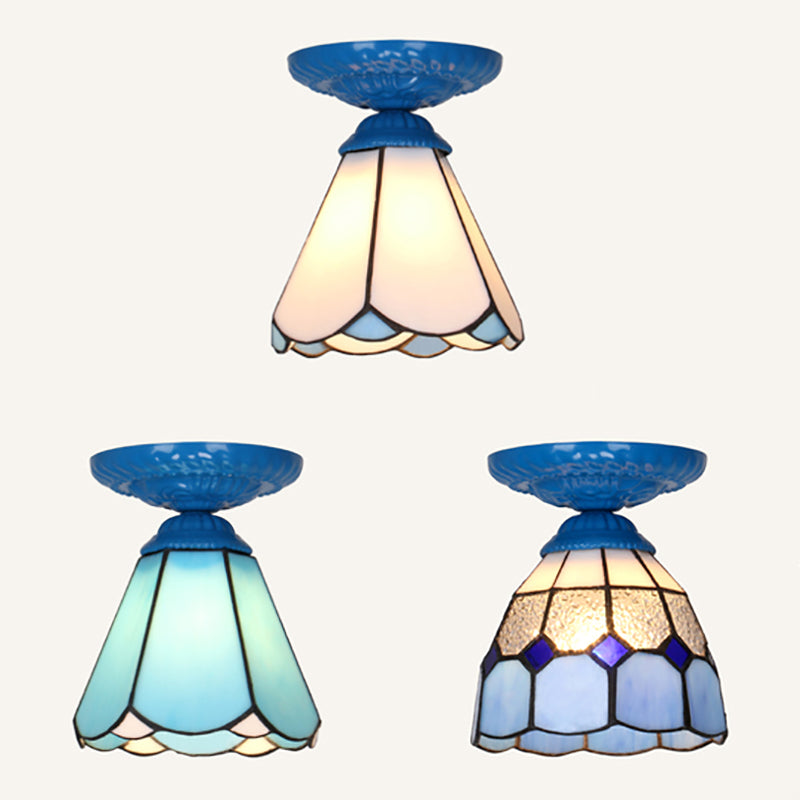 Industrial Vintage Flushmount Ceiling Light Stained Glass 1 Light Flush Mount Ceiling Fixture in White/Blue/Clear