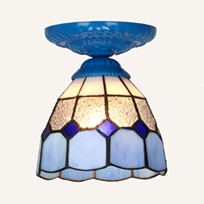 Industrial Vintage Flushmount Ceiling Light Stained Glass 1 Light Flush Mount Ceiling Fixture in White/Blue/Clear