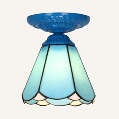 Industrial Vintage Flushmount Ceiling Light Stained Glass 1 Light Flush Mount Ceiling Fixture in White/Blue/Clear