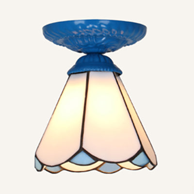 Industrial Vintage Flushmount Ceiling Light Stained Glass 1 Light Flush Mount Ceiling Fixture in White/Blue/Clear