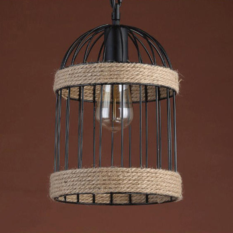 Rope Beige Pendant Light Kit Bird Cage Vintage Style Hanging Light Fixture for Restaurant