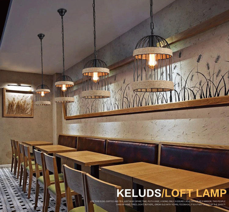 Rope Beige Pendant Light Kit Bird Cage Vintage Style Hanging Light Fixture for Restaurant