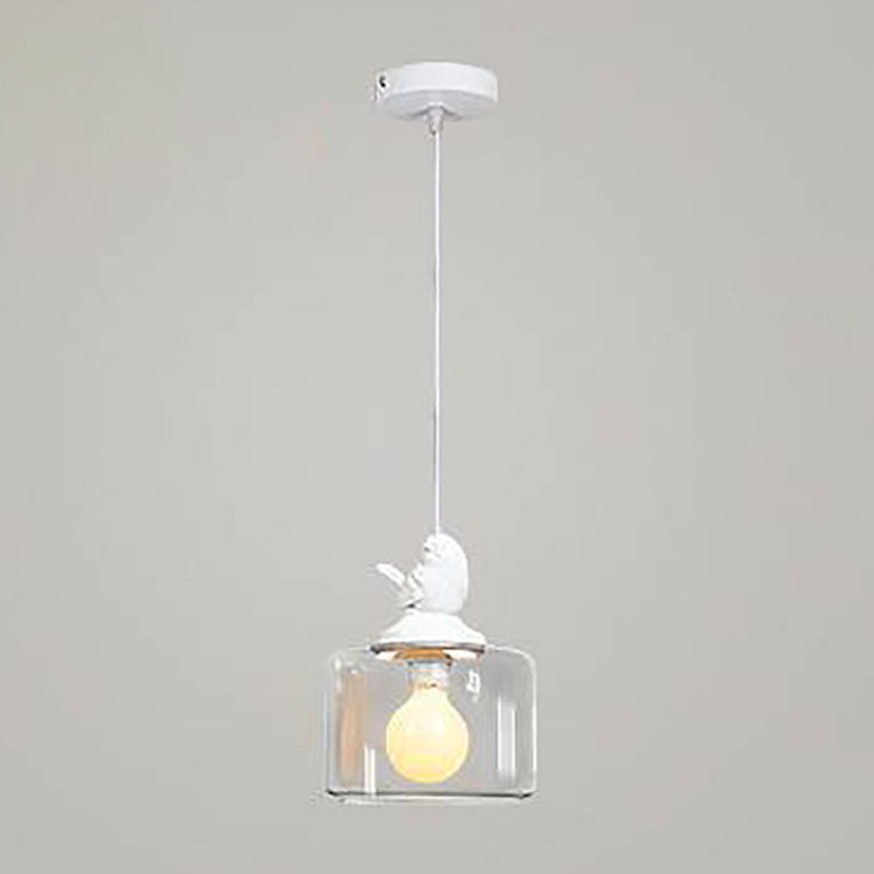 Trommelanhänger Beleuchtung modernes klares Glas 1-Licht weiß hängende Licht mit Harz Vogeldekoration