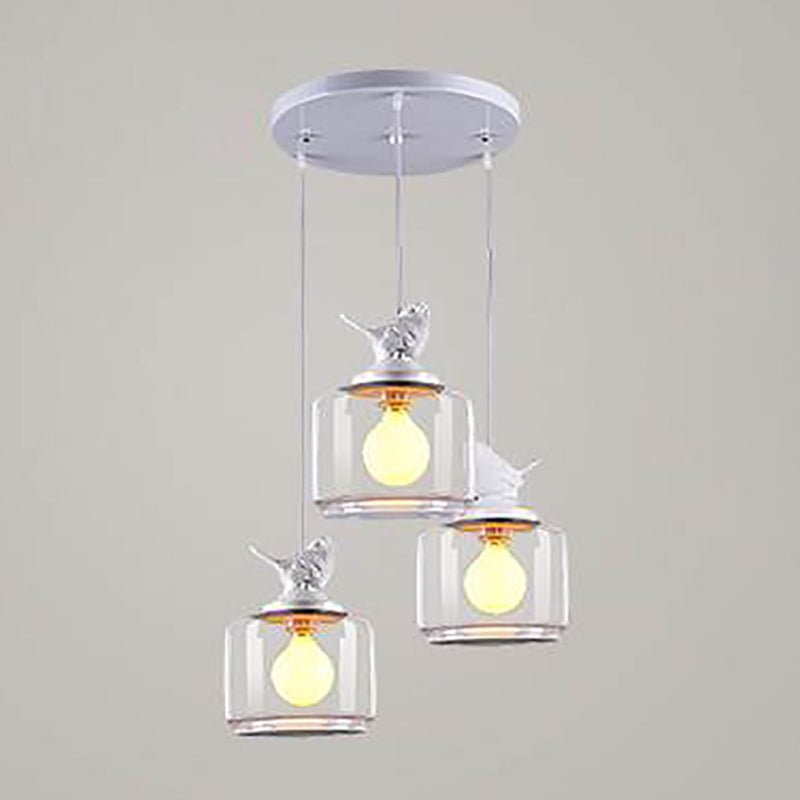 Drum Pendant Lighting Modern Clear Glass 1-Light White Hanging Light with Resin Bird Decor