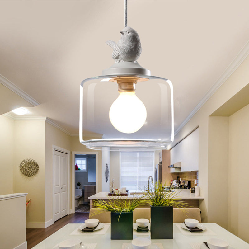 Drum Pendant Lighting Modern Clear Glass 1-Light White Hanging Light with Resin Bird Decor