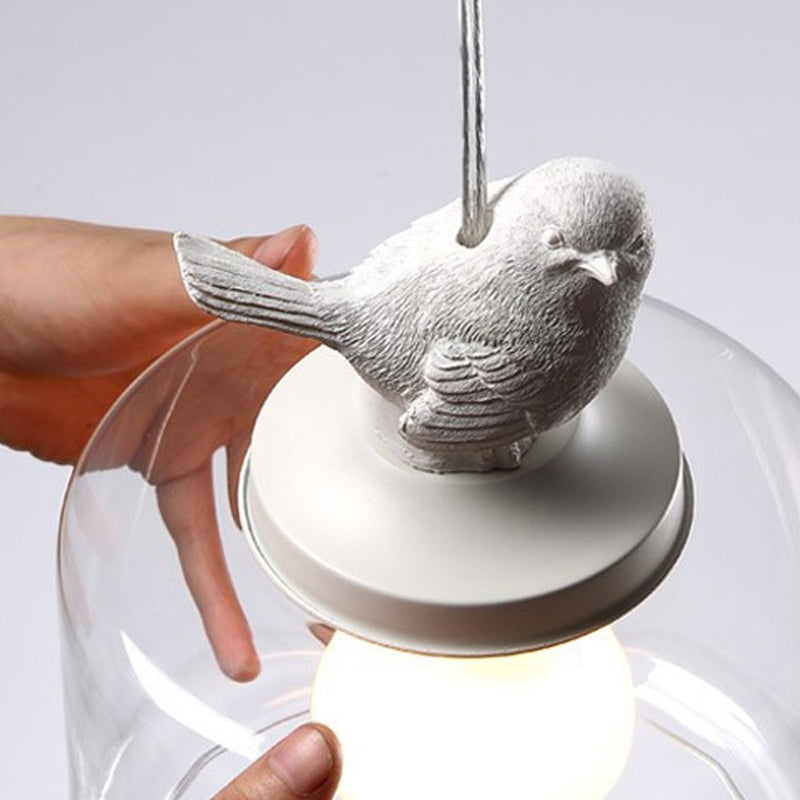 Drum Pendant Lighting Modern Clear Glass 1-Light White Hanging Light with Resin Bird Decor