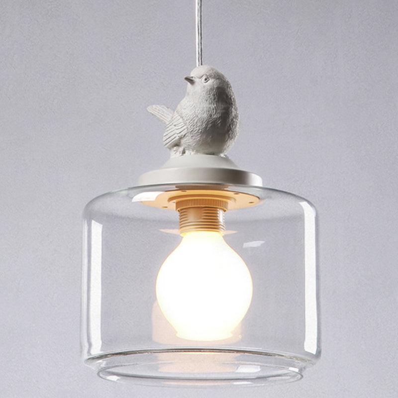 Drum Pendant Lighting Modern Clear Glass 1-Light White Hanging Light with Resin Bird Decor