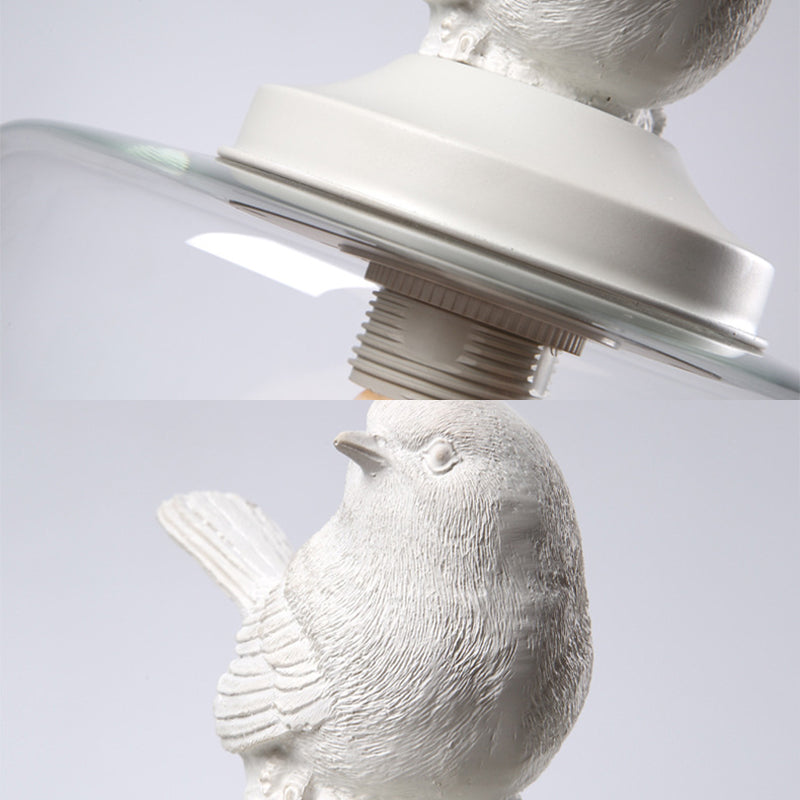 Drum Pendant Lighting Modern Clear Glass 1-Light White Hanging Light with Resin Bird Decor