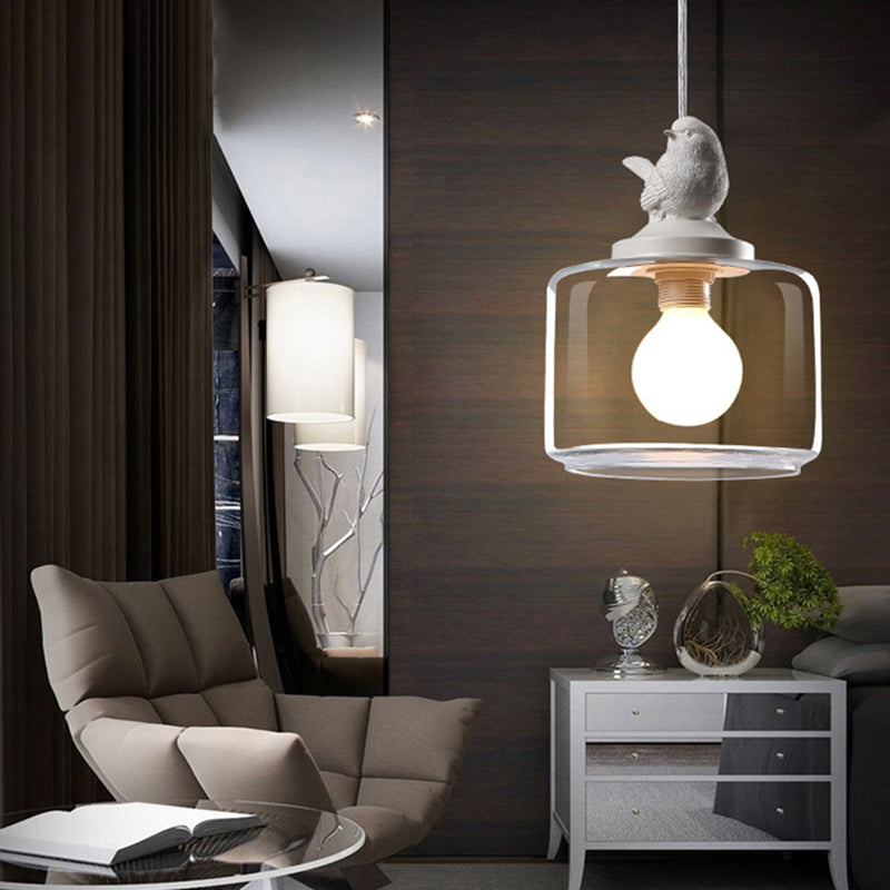 Drum Pendant Lighting Modern Clear Glass 1-Light White Hanging Light with Resin Bird Decor