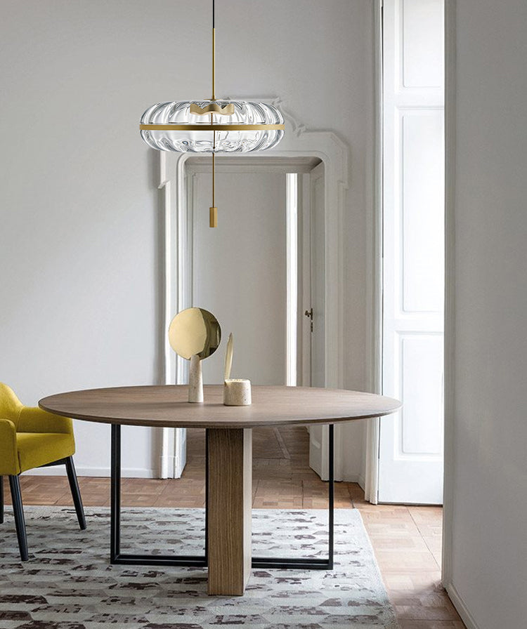 Rippled Glass Pumpkin Shaped Pendant Minimalist Brass LED Ceiling Light for Dining Room