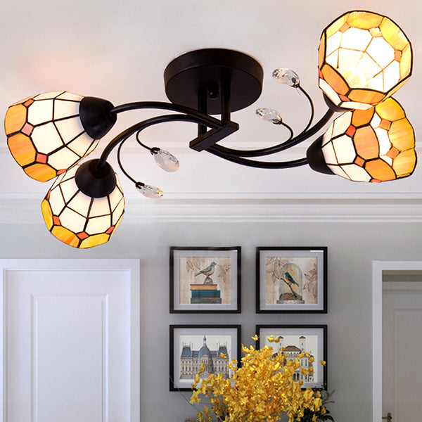 Bol en vitrail semi-affleurant de style Tiffany, 4 têtes, semi-encastré en bleu/orange pour chambre à coucher