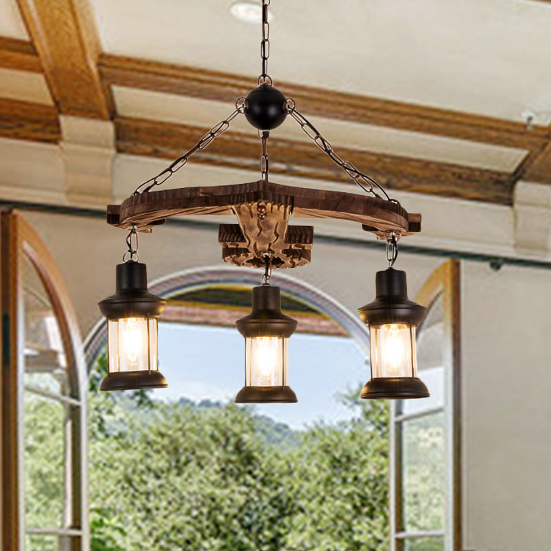 Brown Anchor Chandelier Pendant Light Loft Style 3 Lights Wood and Metal Ceiling Lamp with Lantern Shade