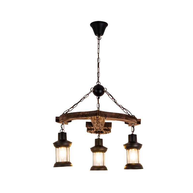 Brown Anchor Chandelier Pendant Light Loft Style 3 Lights Wood and Metal Ceiling Lamp with Lantern Shade