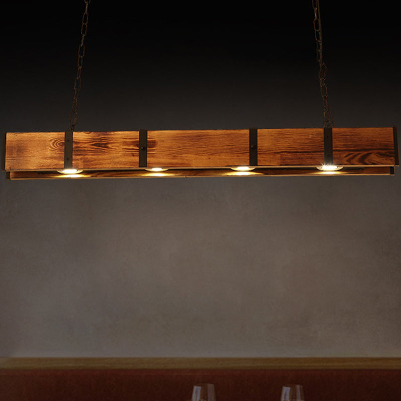 Rectangular Wooden Island Ceiling Light Industrial 4 Lights Brown Island Lamp with Metal Chain