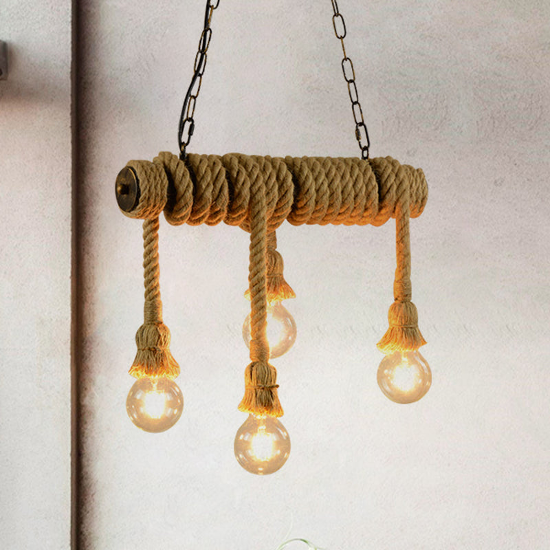 Open Bulb Dining Room Island Lamp Rope 4 Lights Industrial Style Hanging Island Light in Beige