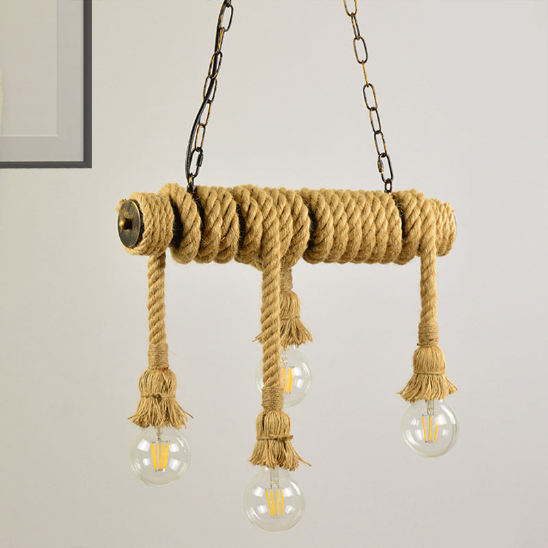 Open Bulb Dining Room Island Lamp Rope 4 Lights Industrial Style Hanging Island Light in Beige