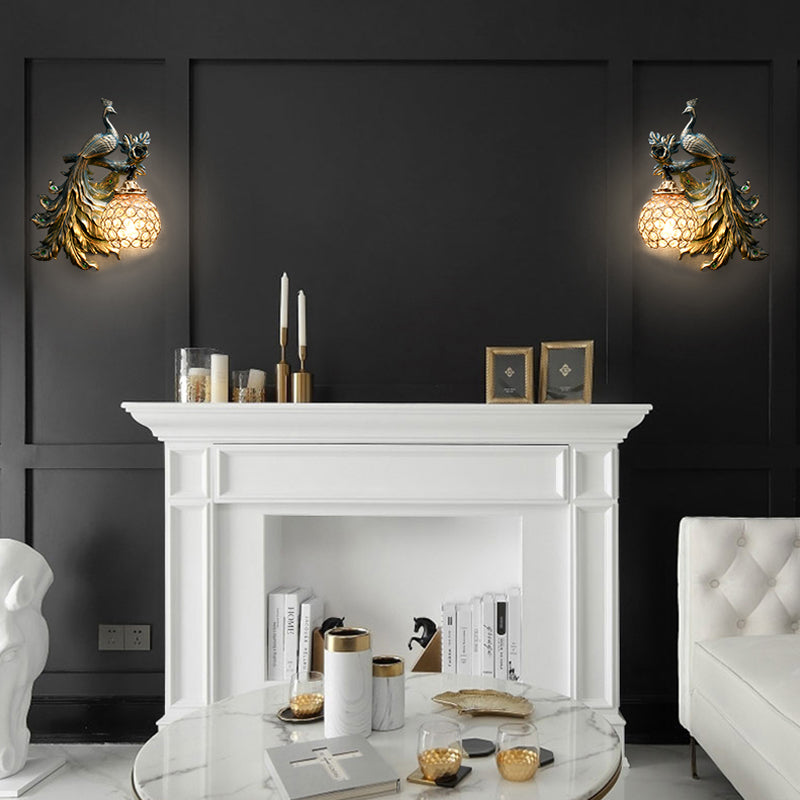 Éclairage mural de paon country Résine de bronze 1 Corridor léger Corridor Murce Lampe avec ombre à dôme en cristal clair, gauche / droite